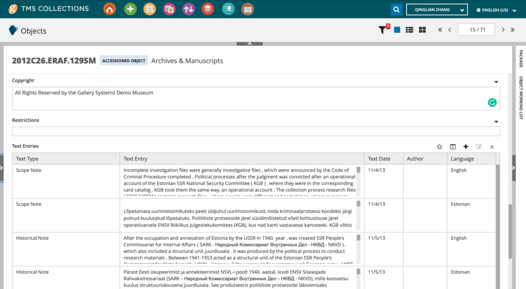 Object Record with Notes in Multiple Languages | Multilingual Functionality in TMS Collections