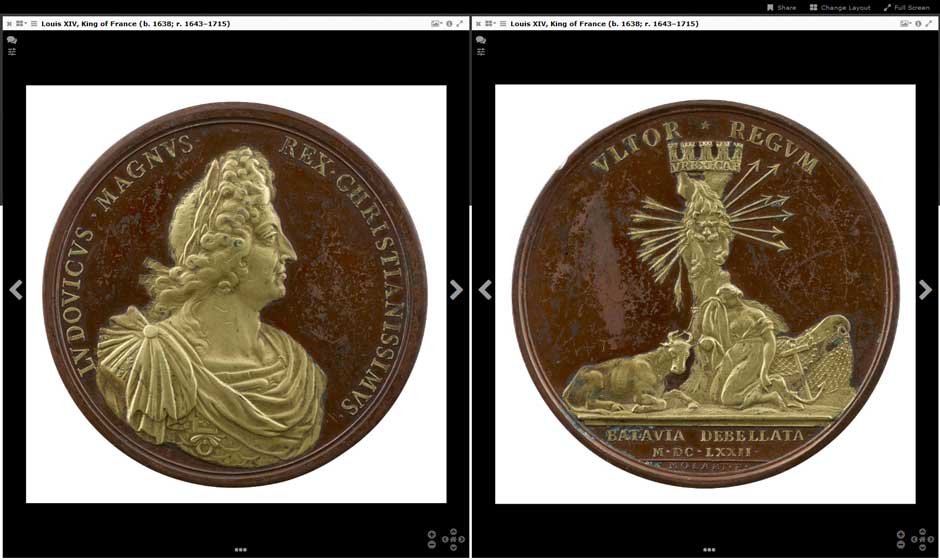 Image courtesy of The Frick Collection. Here, we compare the obverse and the reverse of a medal side-by-side in the IIIF viewer. Medal of Louis XIV, King of France (b. 1638; r. 1643–1715), dated 1672, primary maker: Michel Mollart.