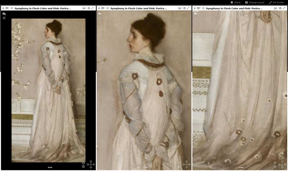 Image courtesy of The Frick Collection, which uses eMuseum to display its collection online. Here, three images of the same portrait are placed side-by-side in the IIIF viewer. Symphony in Flesh Color and Pink: Portrait of Mrs. Frances Leyland, by James McNeill Whistler (1871-74).