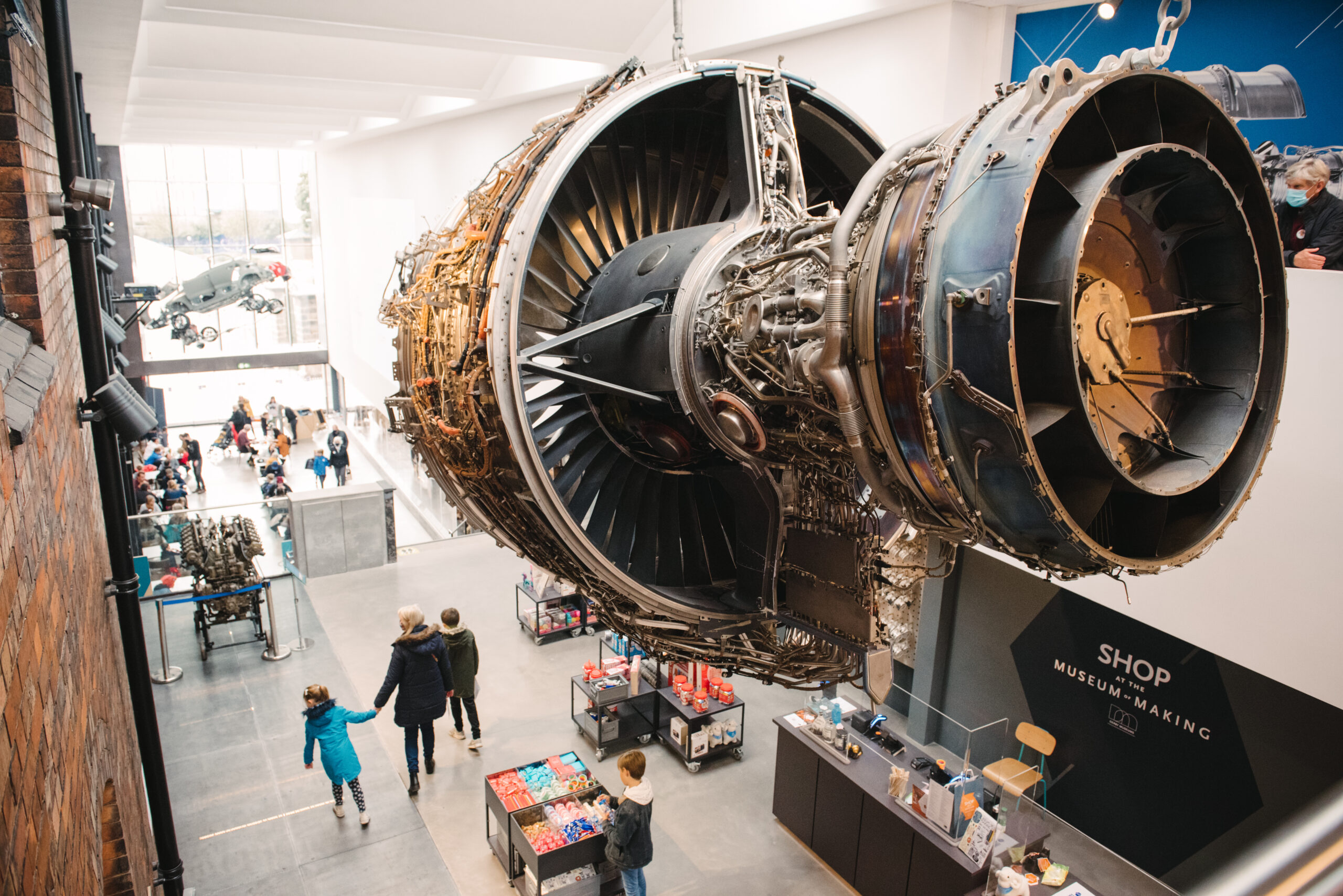 The Rolls-Royce Trent 1000 engine hangs above the Civic Hall at the Museum of Making